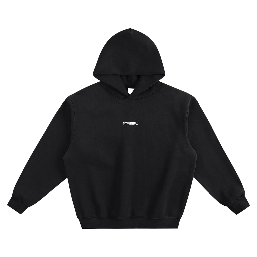 Unisex boxy hoodie in black with a drop shoulder design and centered micro Fitversal wordmark.