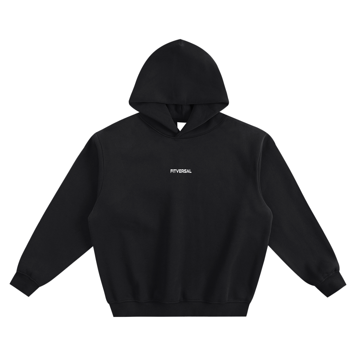 Unisex boxy hoodie in black with a drop shoulder design and centered micro Fitversal wordmark.