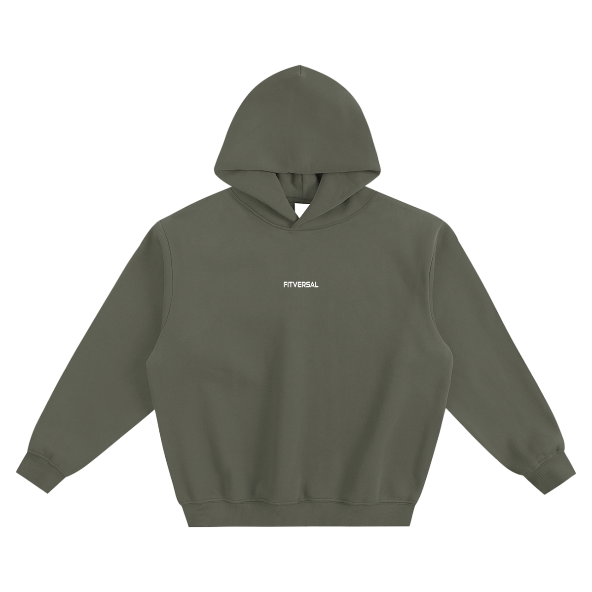 Unisex boxy hoodie in olive green with a front hood and centered micro Fitversal wordmark.