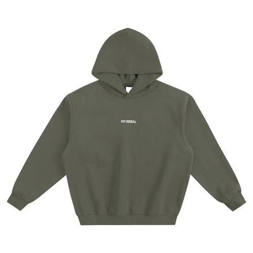 Unisex boxy hoodie in olive green with a front hood and centered micro Fitversal wordmark.