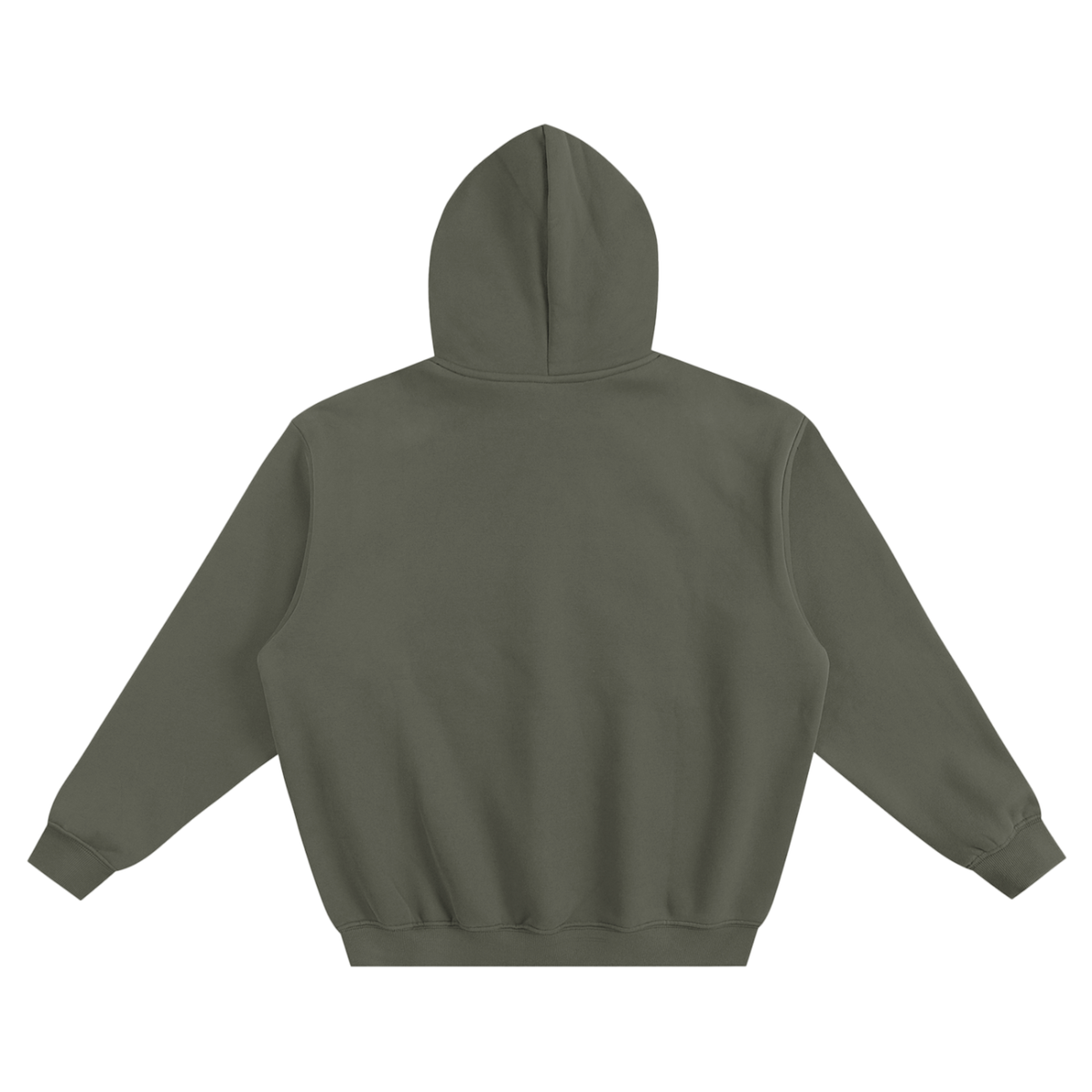 Back view of a HAVEN™ unisex boxy hoodie in dark green with a drop shoulder design.